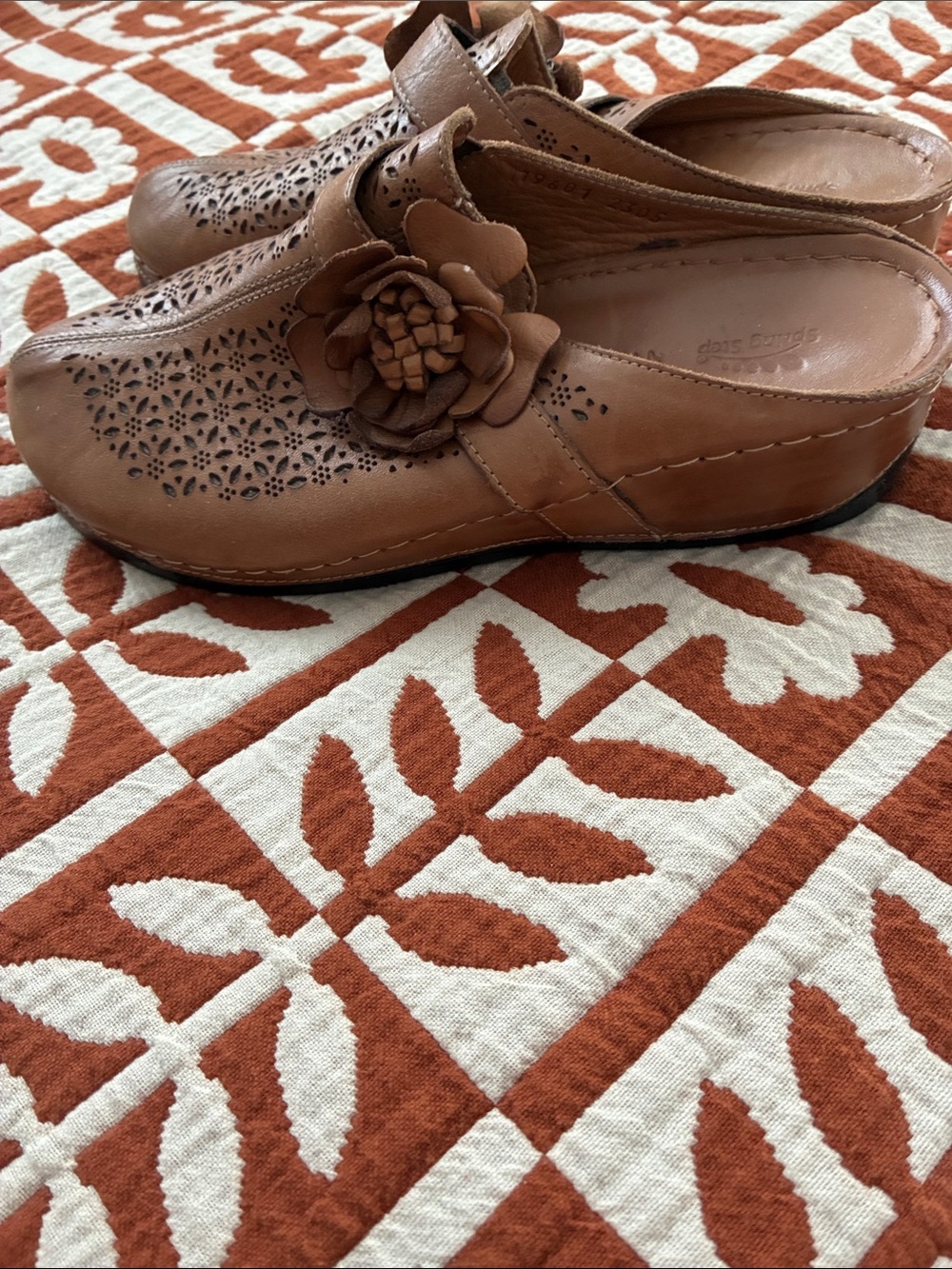 Spring Step Brown Leather Floral Slip-On Mule